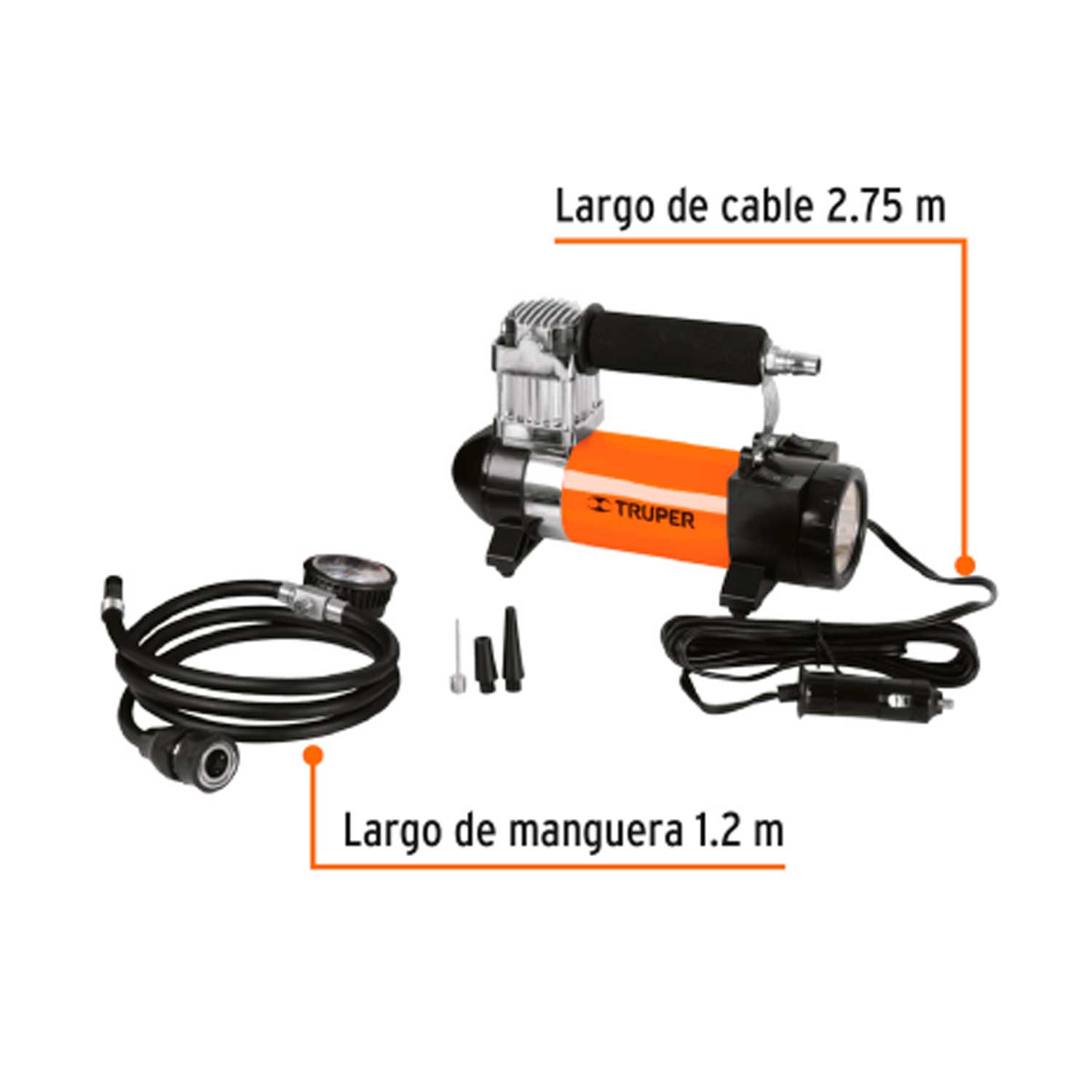 Compresor metálico para coche 12v dunlop. 100psi / 7bar. cable de 2,5m y  manguera de 1,5m. incluye tres boquillas.